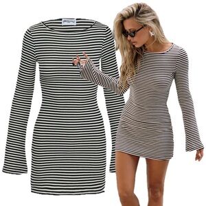 Princess Polly Bryanna Stripe Black White Bell Flare Sleeve Ribbed Mini Dress